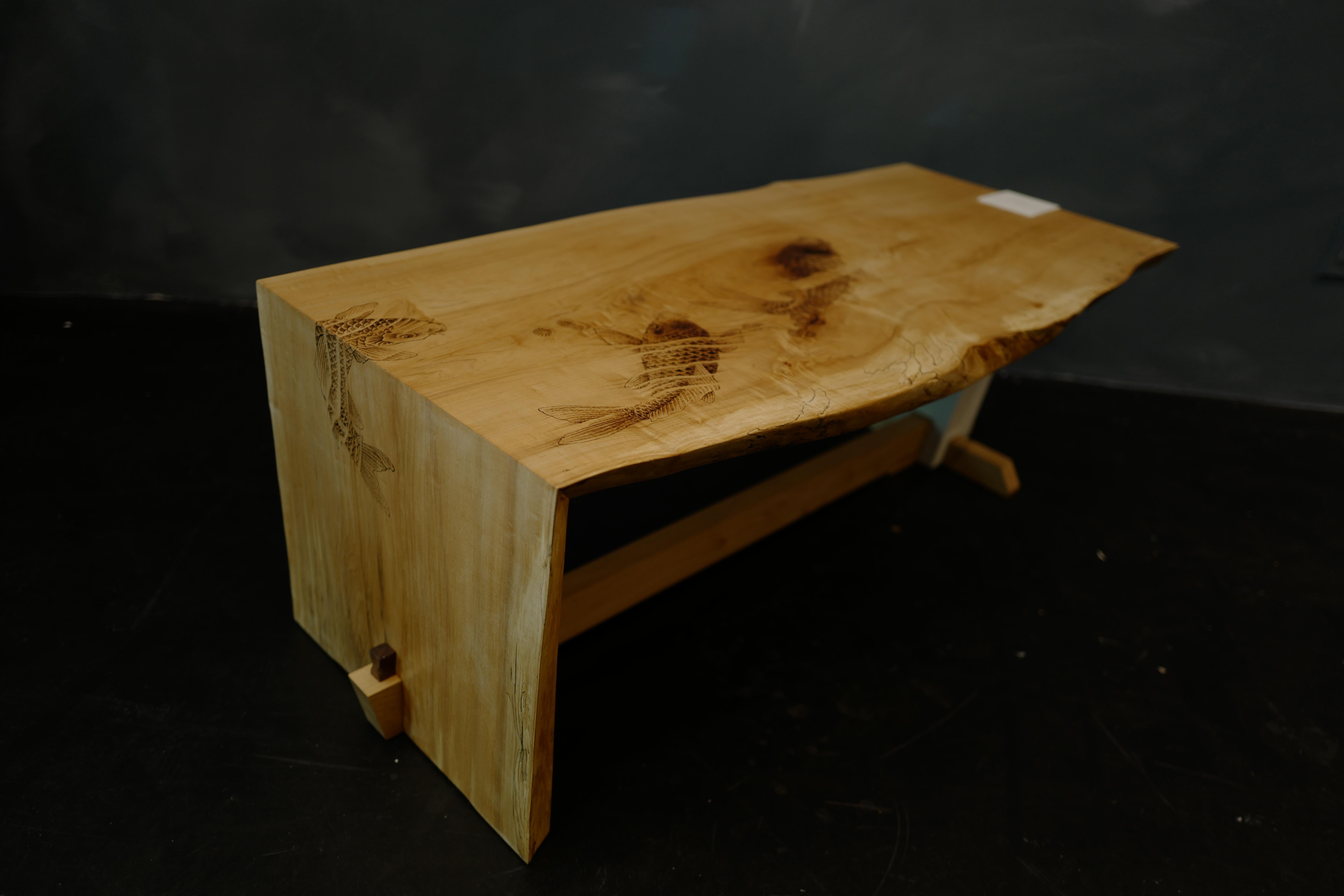 Spalted Maple Live Edge Coffee Table With Koi Fish Pyrography By Chris Garver In New Condition For Sale In New York, NY