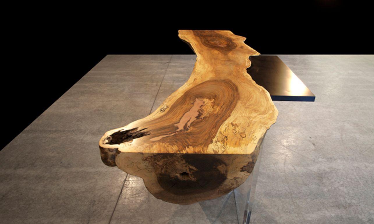 Modern Spalted Roundback Maple Reception Desk with Acrylic and Blackened Steel L In New Condition For Sale In Hobart, NY