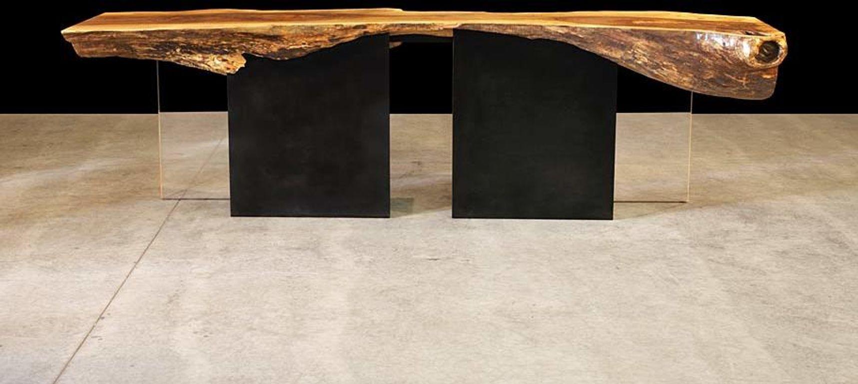 Contemporary Modern Spalted Roundback Maple Reception Desk with Acrylic and Blackened Steel L For Sale