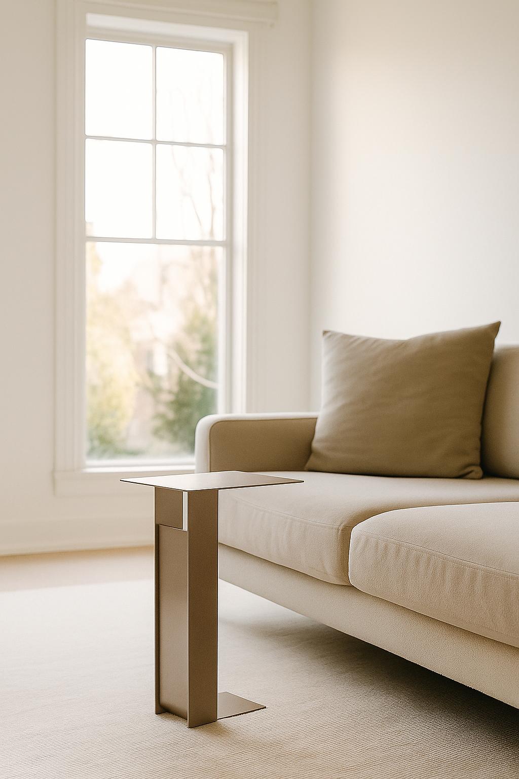 Scandinave moderne Table d'appoint Span, métal fait main, look minimal et moderne en Pale Oyster en vente