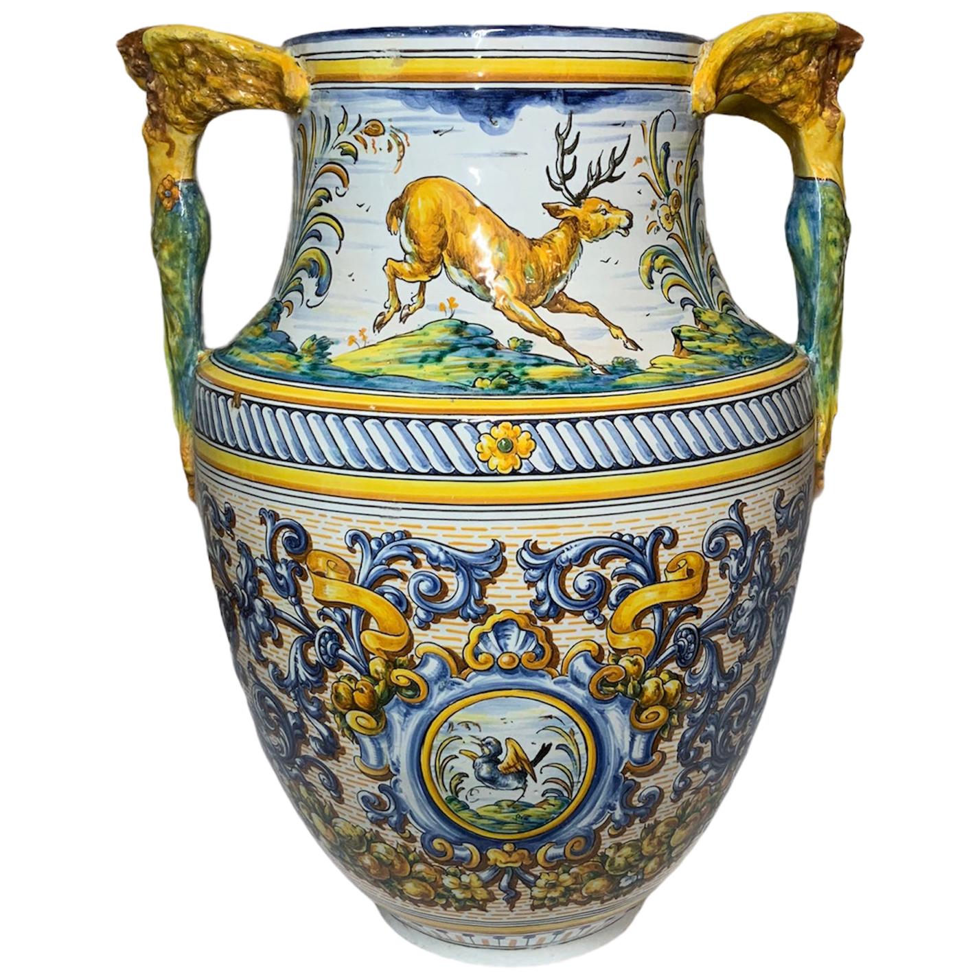 Spaniard Large Hand Painted Majolica Urn Vase