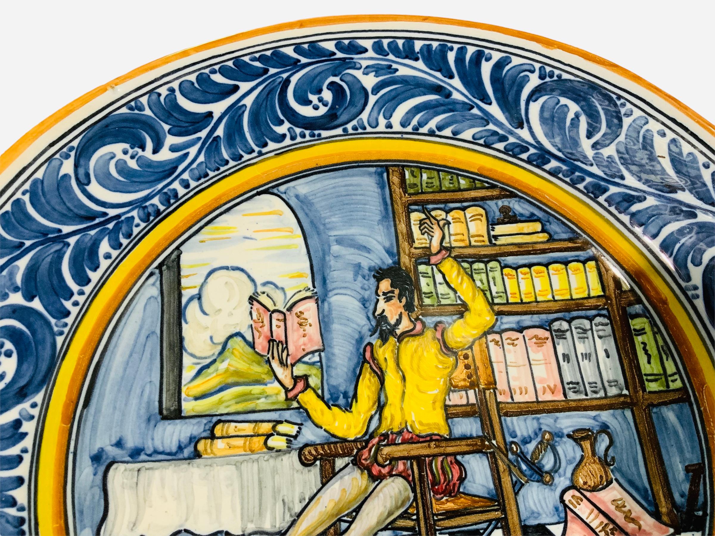 This is a very large decorating Majolica Plate depicting Don Quixote de La Mancha. These famous character is universally known by the Spanish novel book of Miguel de Cervantes (One of the greatest novel written and the second most translated book in