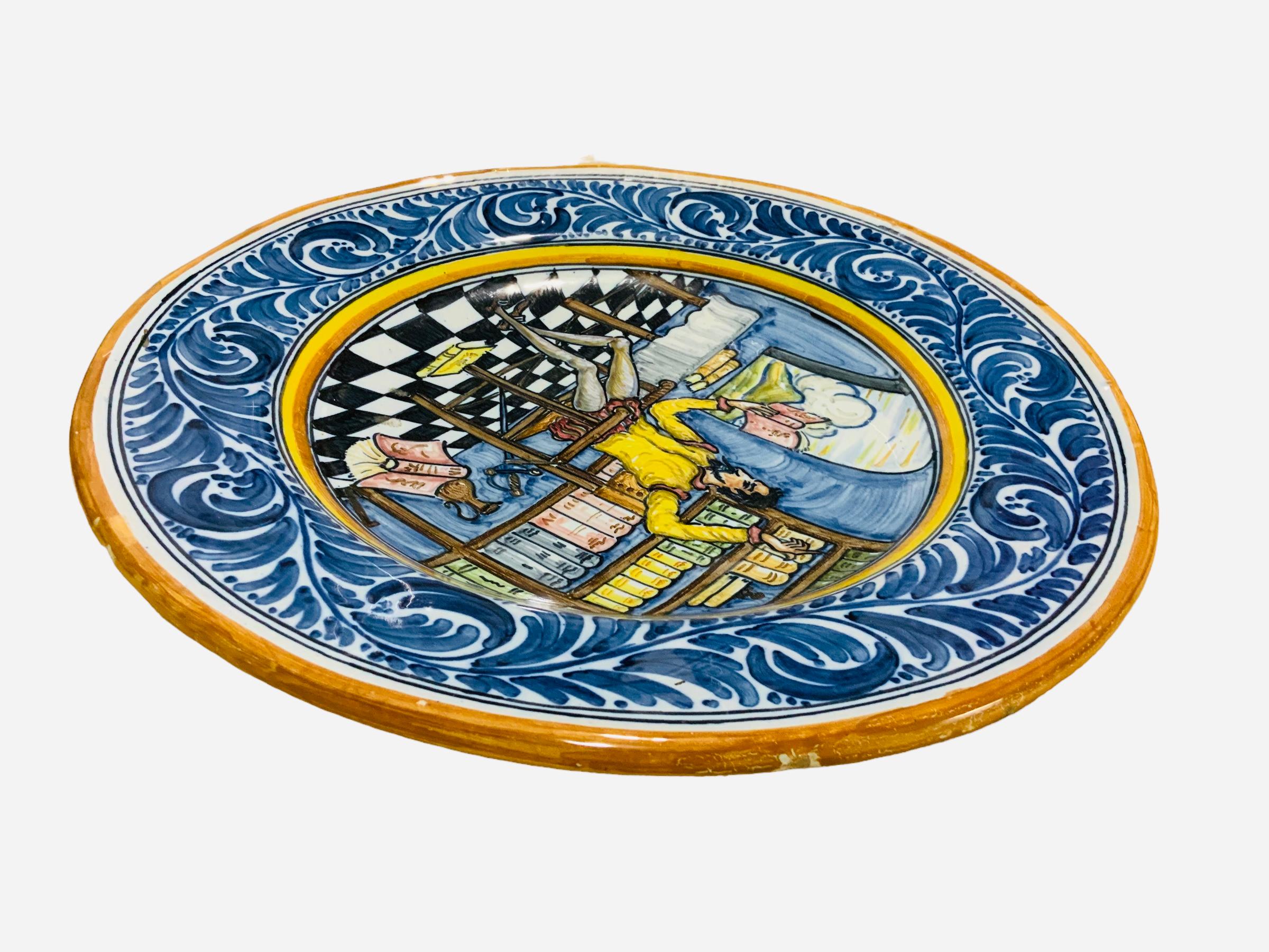 Hand-Crafted Spaniard Talavera Majolica Decorative Plate Of Don Quixote  For Sale