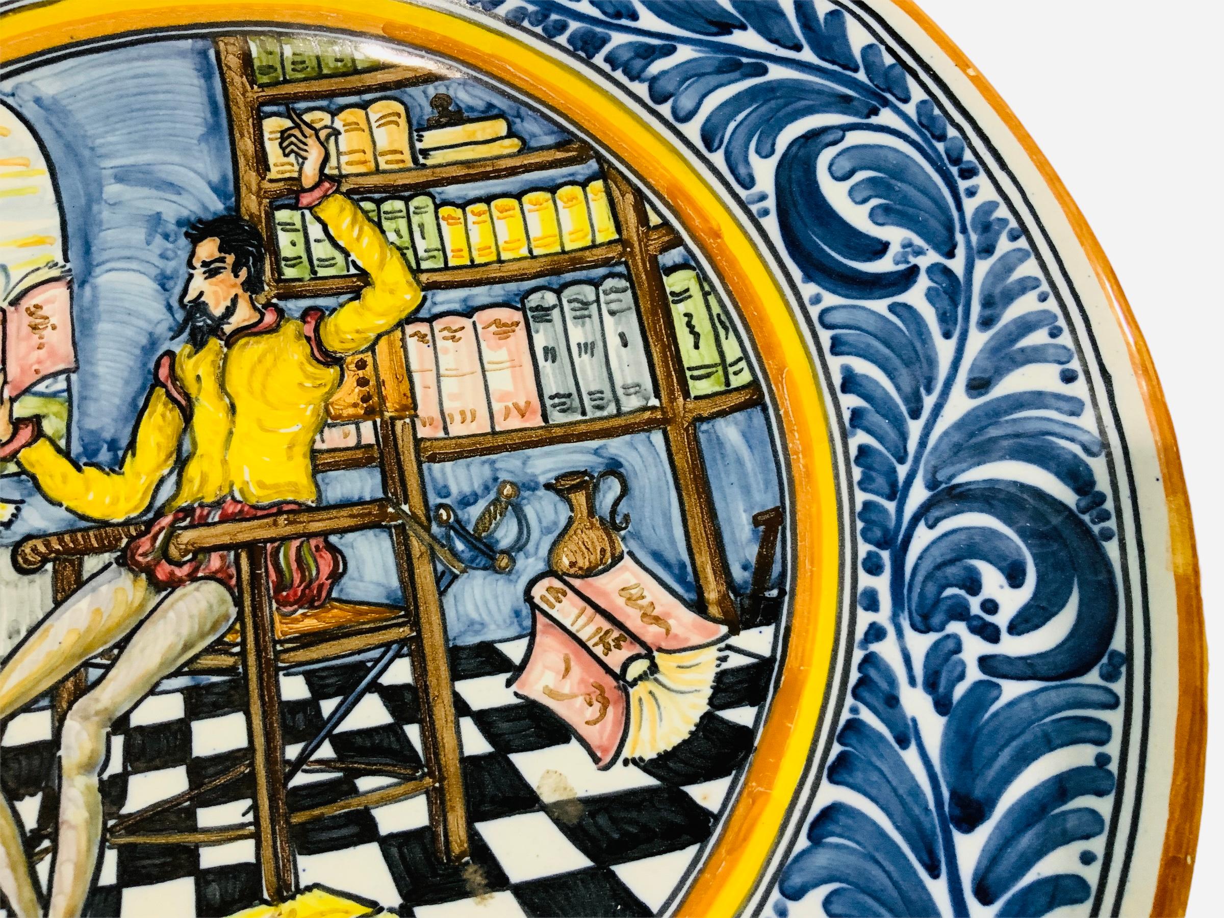20th Century Spaniard Talavera Majolica Decorative Plate Of Don Quixote