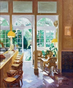 Large Spanish Contemporary Oil Painting Garden Conservatory in Hotel Bar