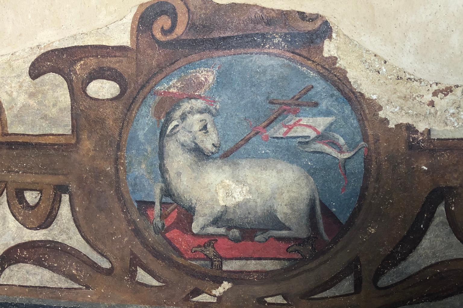 A stunning 16th century Fresco Fragment, now mounted on wood, from the Aragon region of Spain. Wonderful color and motif of the Lamb of God - Angus Dei.