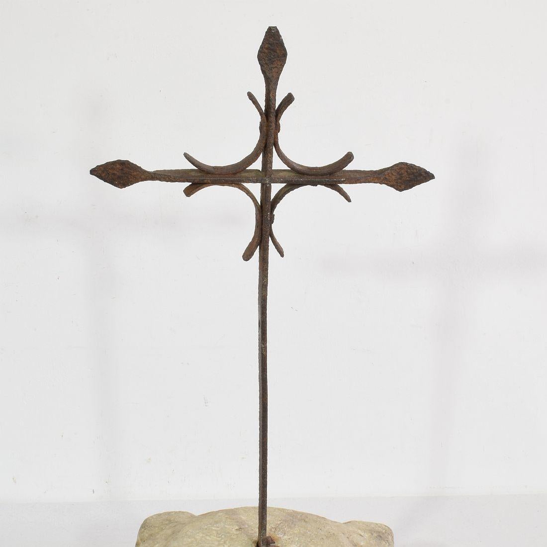 Spanish, 17/ 18th Century, Hand Forged Iron Village Cross on Carved Stone Base 5