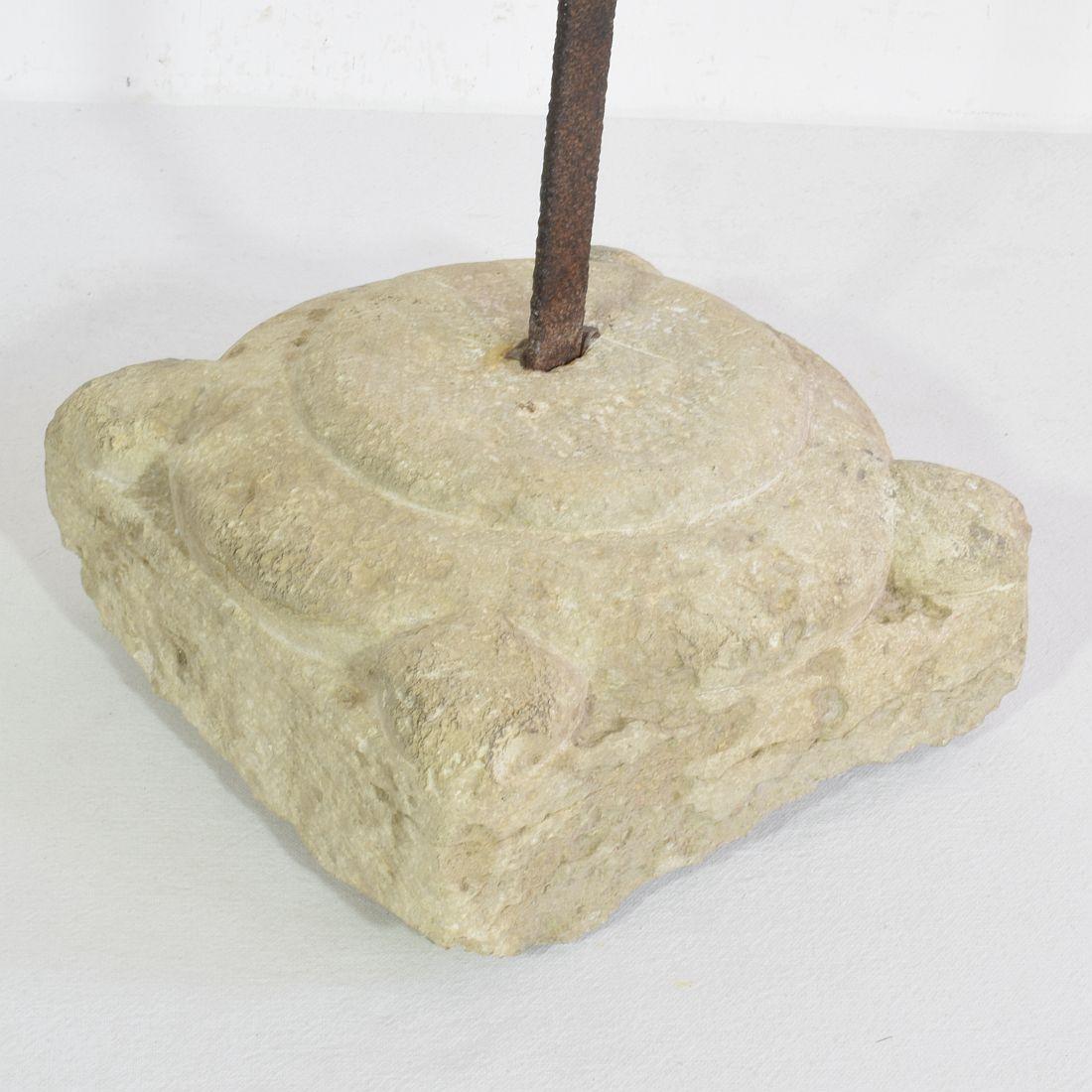 Spanish, 17/ 18th Century, Hand Forged Iron Village Cross on Carved Stone Base 13