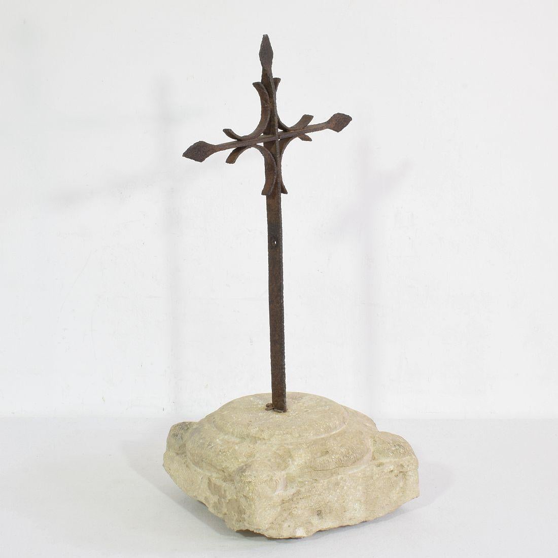 Hand-Crafted Spanish, 17/ 18th Century, Hand Forged Iron Village Cross on Carved Stone Base
