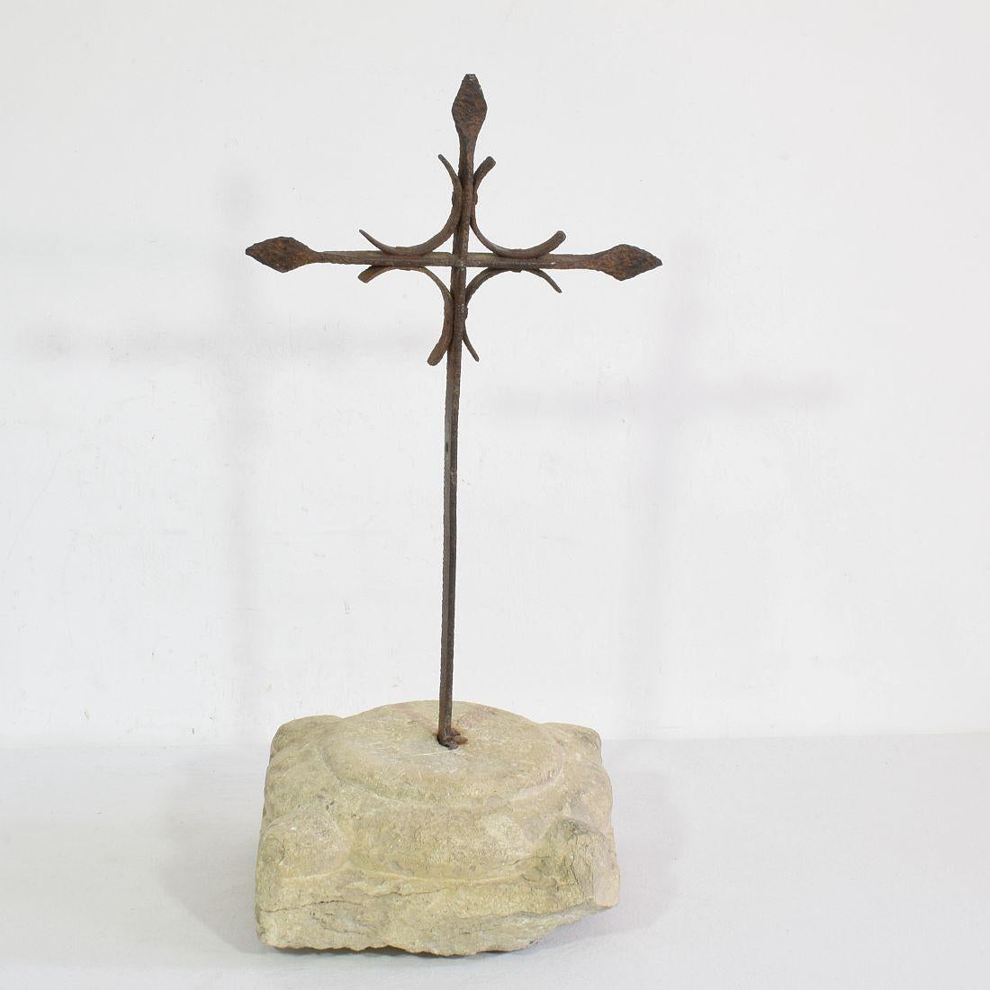 18th Century and Earlier Spanish, 17/ 18th Century, Hand Forged Iron Village Cross on Carved Stone Base
