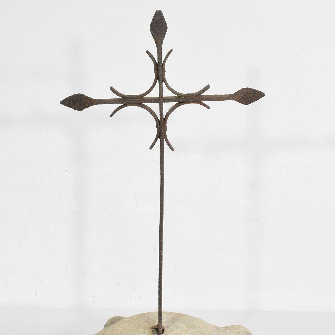 Spanish, 17/ 18th Century, Hand Forged Iron Village Cross on Carved Stone Base 2