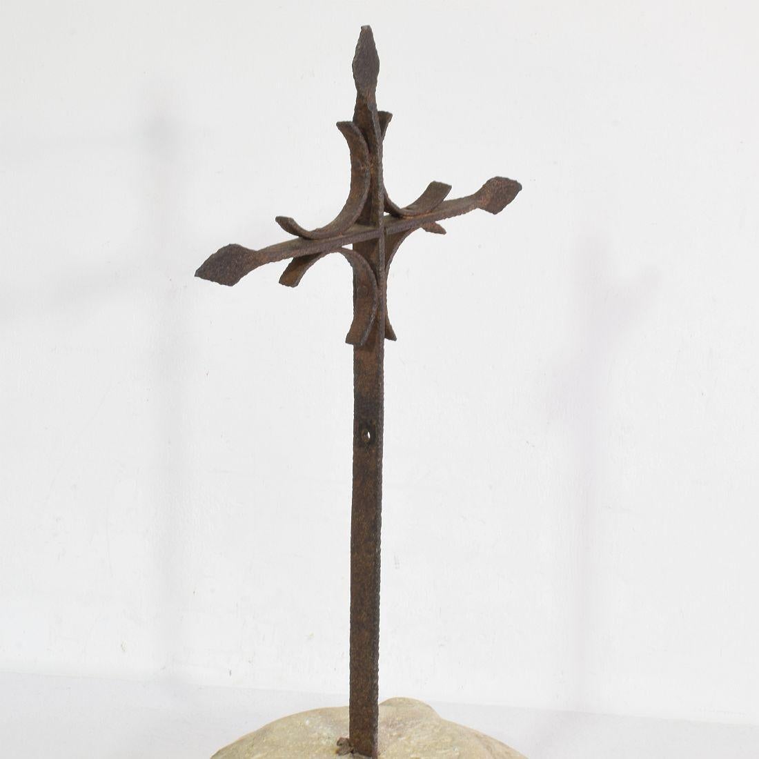 Spanish, 17/ 18th Century, Hand Forged Iron Village Cross on Carved Stone Base 3