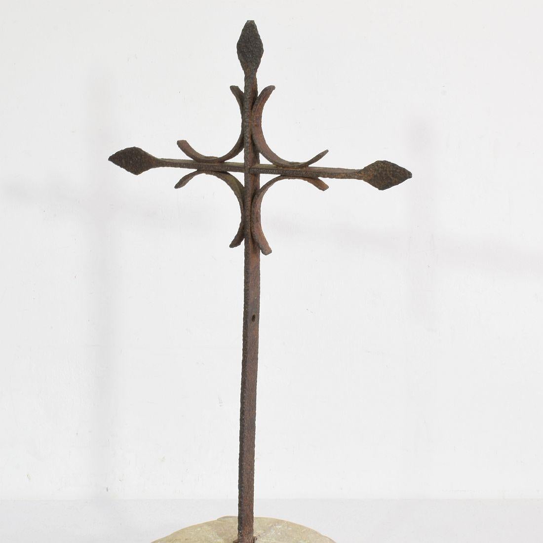 Spanish, 17/ 18th Century, Hand Forged Iron Village Cross on Carved Stone Base 4