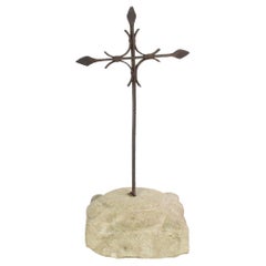 Spanish, 17/ 18th Century, Hand Forged Iron Village Cross on Carved Stone Base