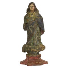 Antique Spanish 17/ 18th Century Painted Wooden Madonna / Santos