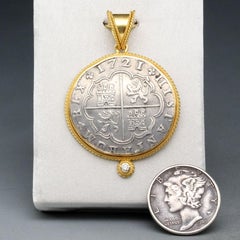 Spanish 1721 2 Reales Silver Coin Diamond 18K Gold Pendant