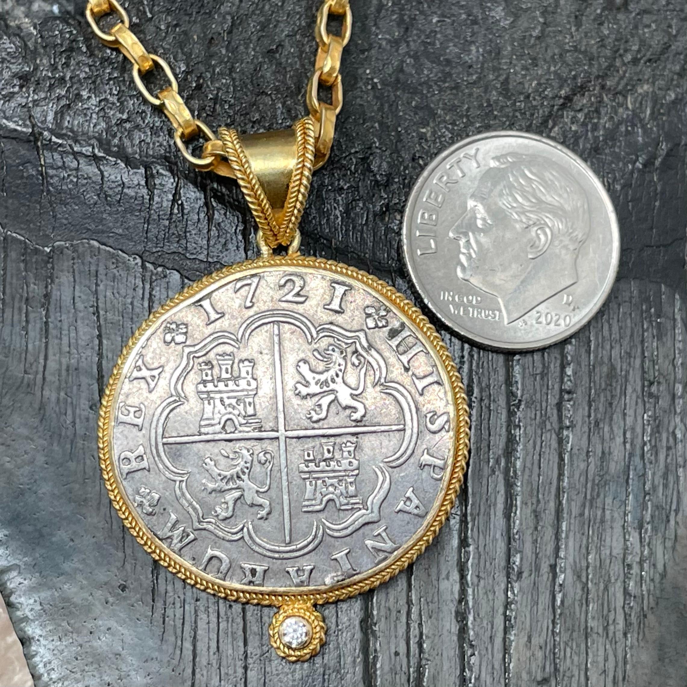 Rose Cut Spanish 1721  2 Reales Silver Coin Diamond 18k Gold Pendant For Sale