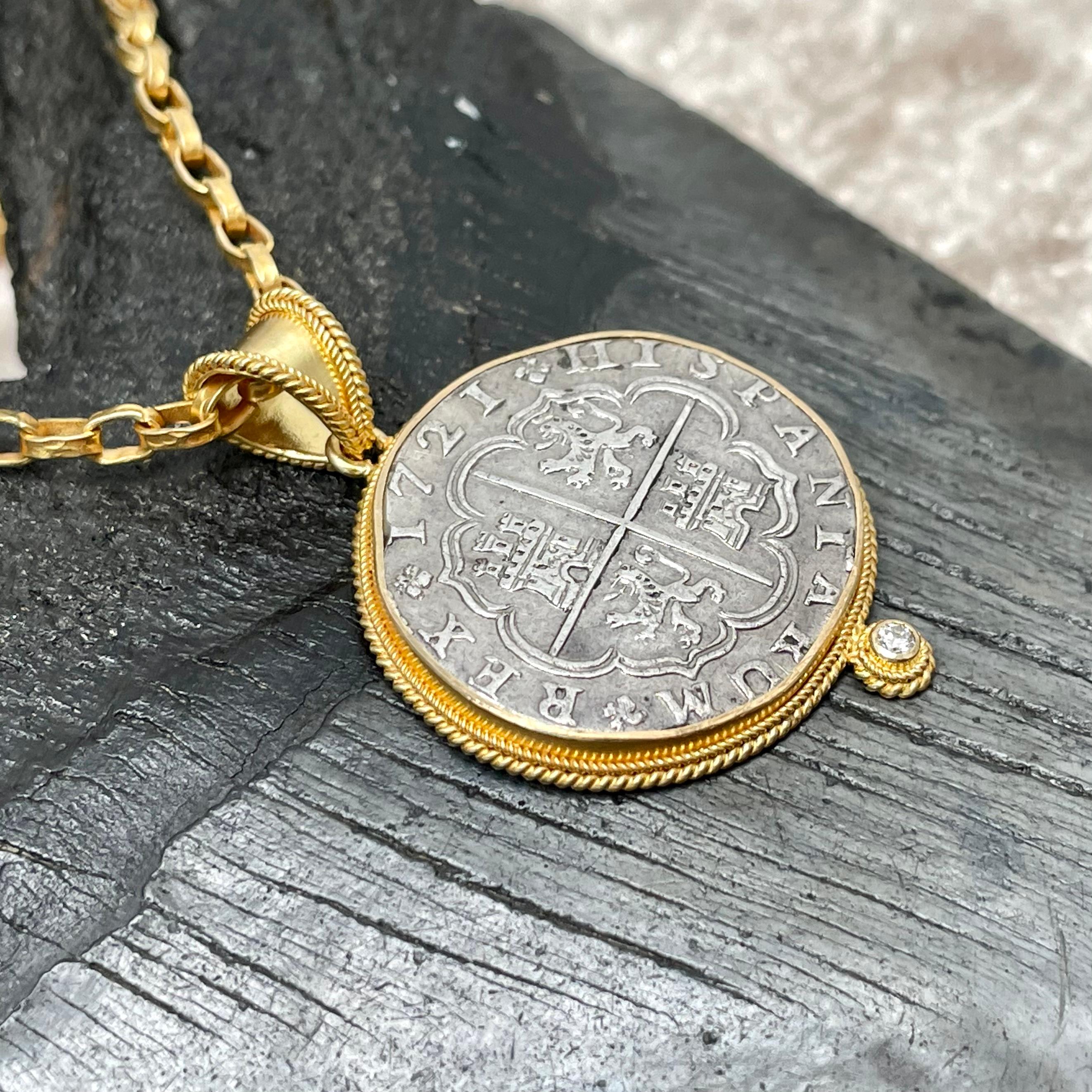 Spanish 1721  2 Reales Silver Coin Diamond 18k Gold Pendant In New Condition For Sale In Soquel, CA