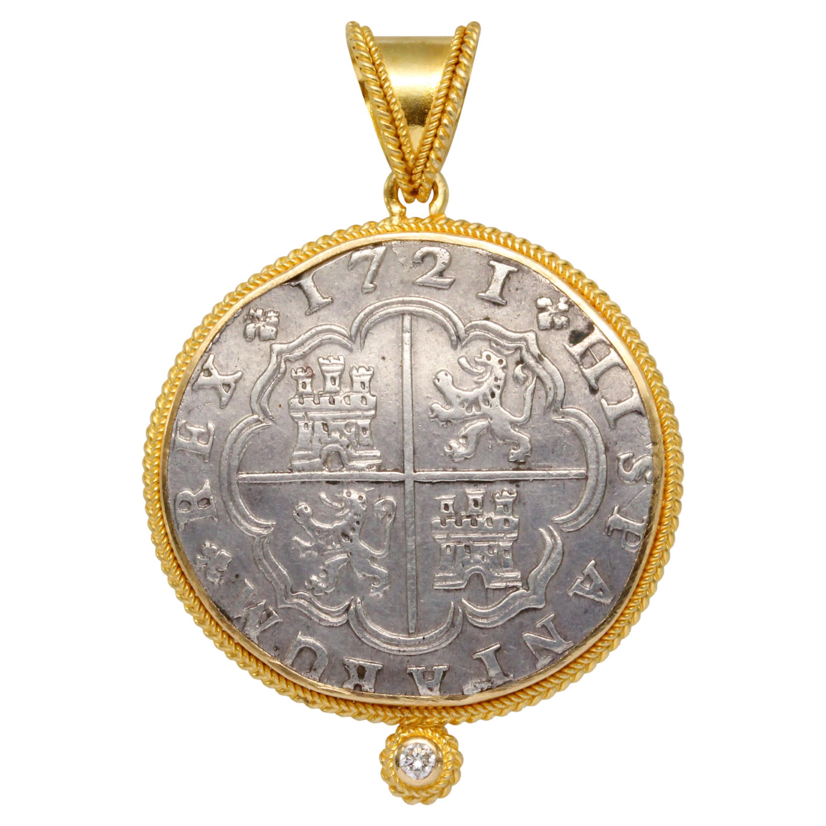 Spanish 1721  2 Reales Silver Coin Diamond 18k Gold Pendant For Sale