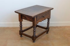 Spanish 1770s Walnut Side Table with Spool Legs and Rosettes Carved Drawer