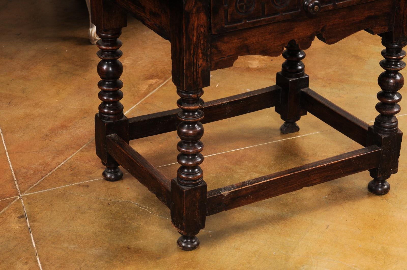 18th Century Spanish 1770s Walnut Side Table with Spool Legs and Rosettes Carved Drawer For Sale