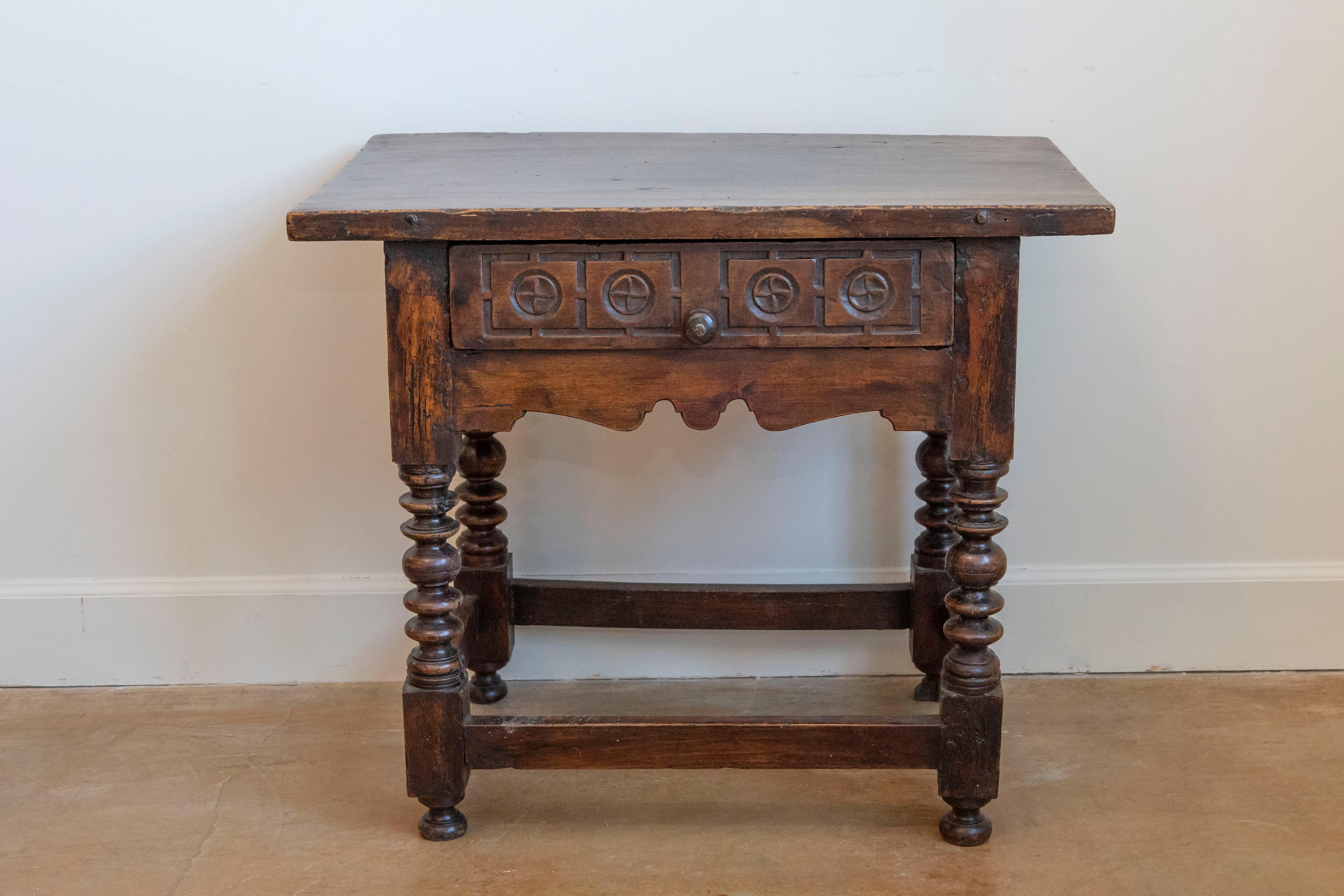 18th Century Spanish 1770s Walnut Side Table with Spool Legs and Rosettes Carved Drawer