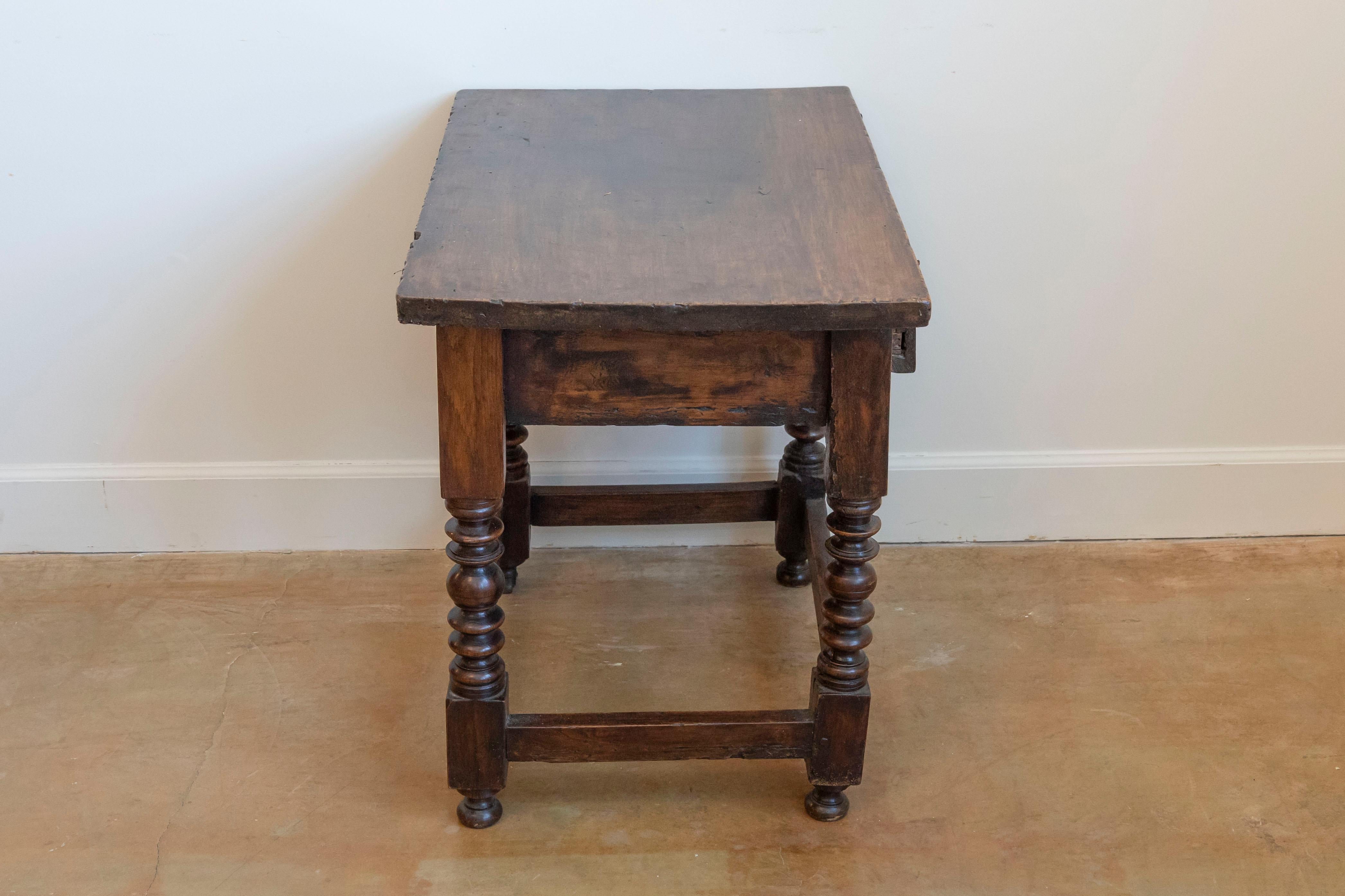 Spanish 1770s Walnut Side Table with Spool Legs and Rosettes Carved Drawer 2