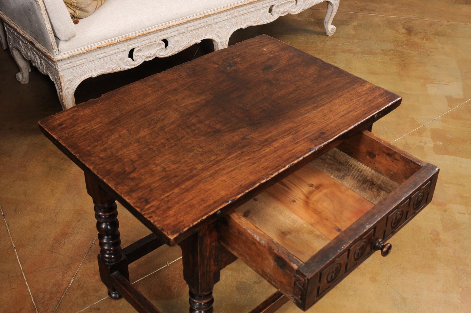 Spanish 1770s Walnut Side Table with Spool Legs and Rosettes Carved Drawer 2