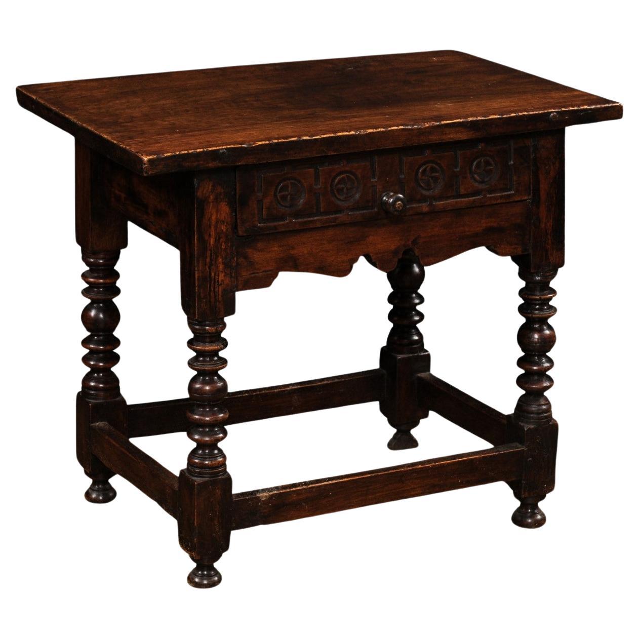 Spanish 1770s Walnut Side Table with Spool Legs and Rosettes Carved Drawer For Sale