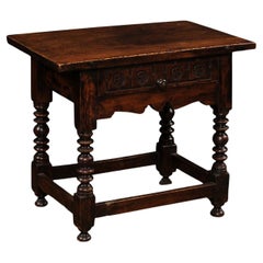 Vintage Spanish 1770s Walnut Side Table with Spool Legs and Rosettes Carved Drawer