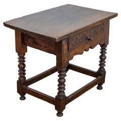 Spanish 1770s Walnut Side Table with Spool Legs and Rosettes Carved Drawer