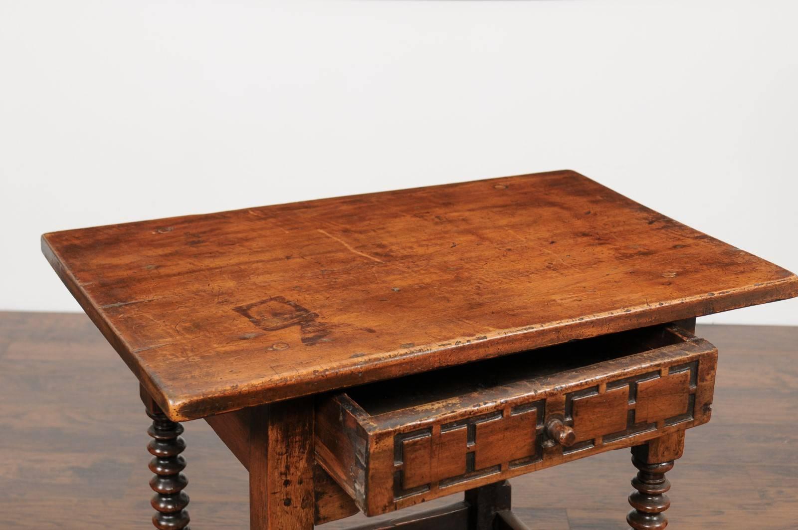Spanish 1780s Walnut Side Table with Single Drawer, Turned Base and Stretcher 4