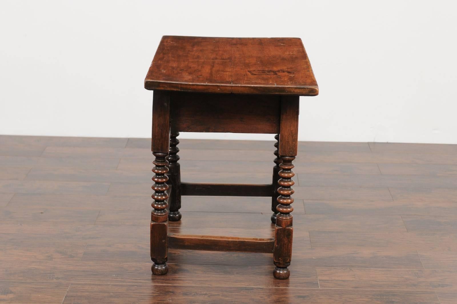 Spanish 1780s Walnut Side Table with Single Drawer, Turned Base and Stretcher 5