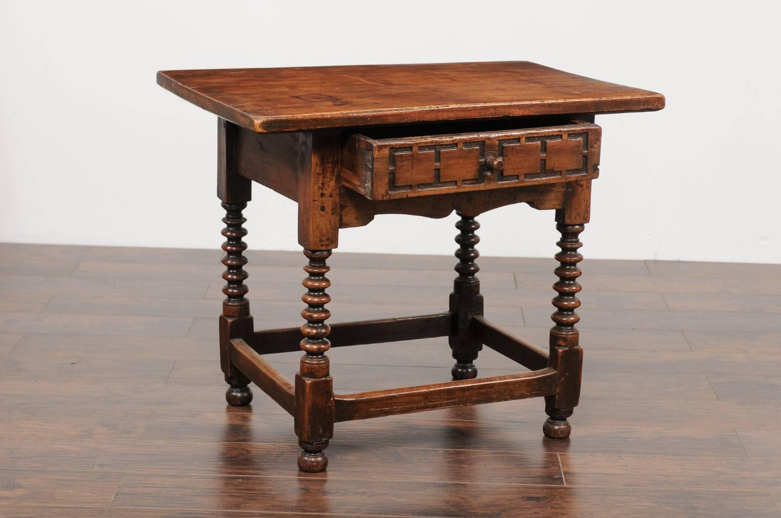 Spanish 1780s Walnut Side Table with Single Drawer, Turned Base and Stretcher 2