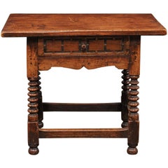 Spanish 1780s Walnut Side Table with Single Drawer, Turned Base and Stretcher