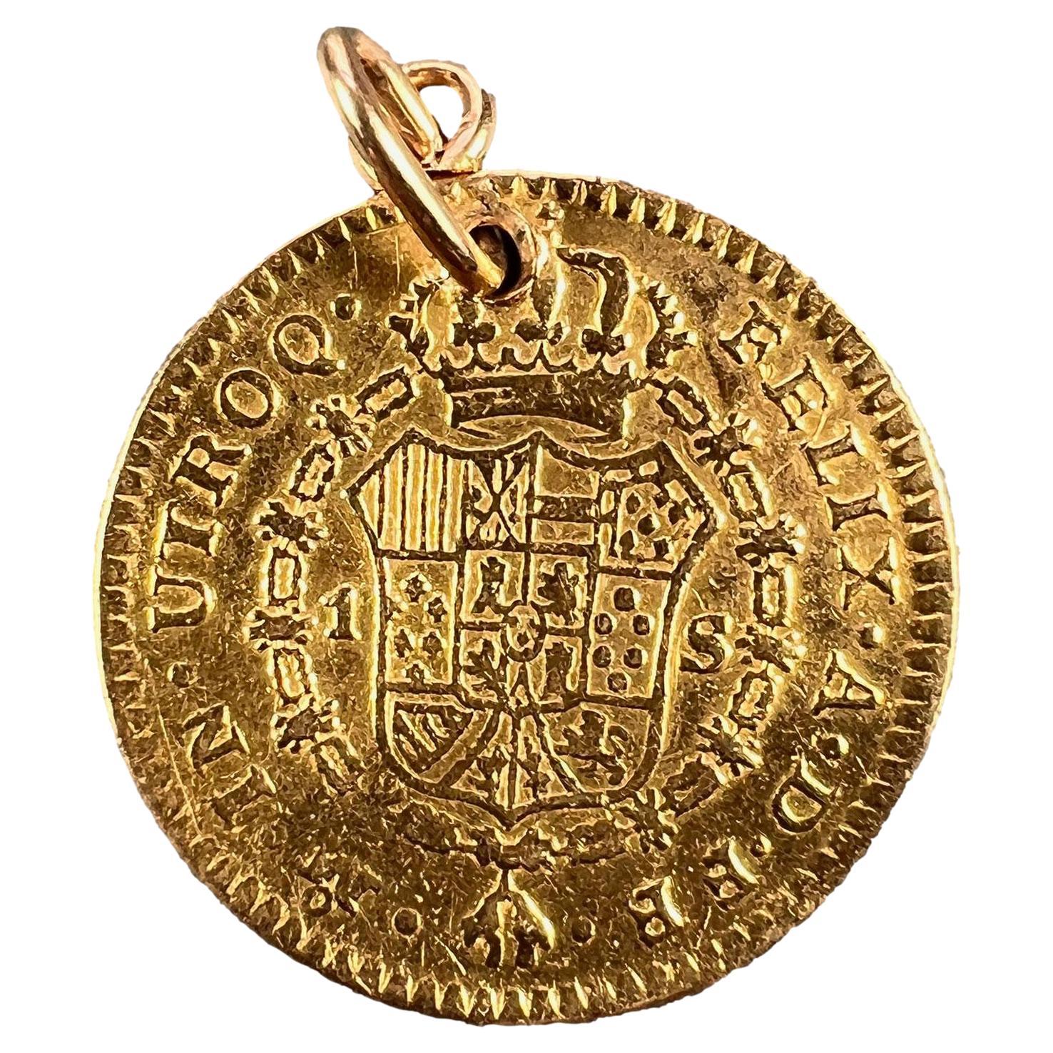 Spanish 1785 Carlos III Escudo Gold Doubloon Yellow Gold Charm Pendant