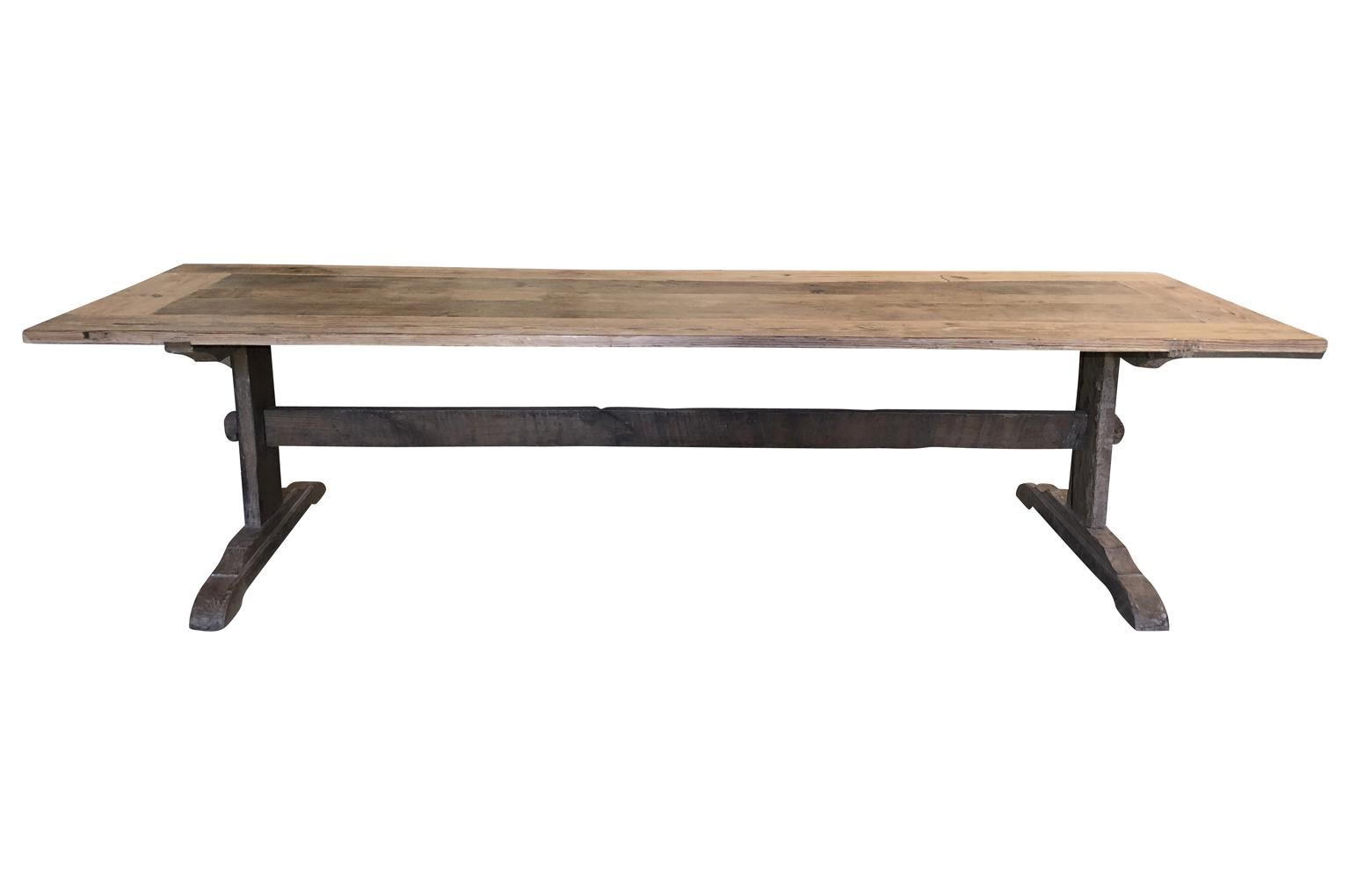 A very handsome 17th century style trestle table - farm table from the Catalan region of Spain. Soundly constructed from oak and chestnut. A perfect dining table for large gatherings.