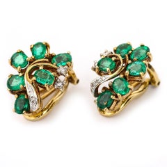 Spanish 18 Karat Gold 2.40 Carat Emerald and Diamond Vintage Cluster Earrings
