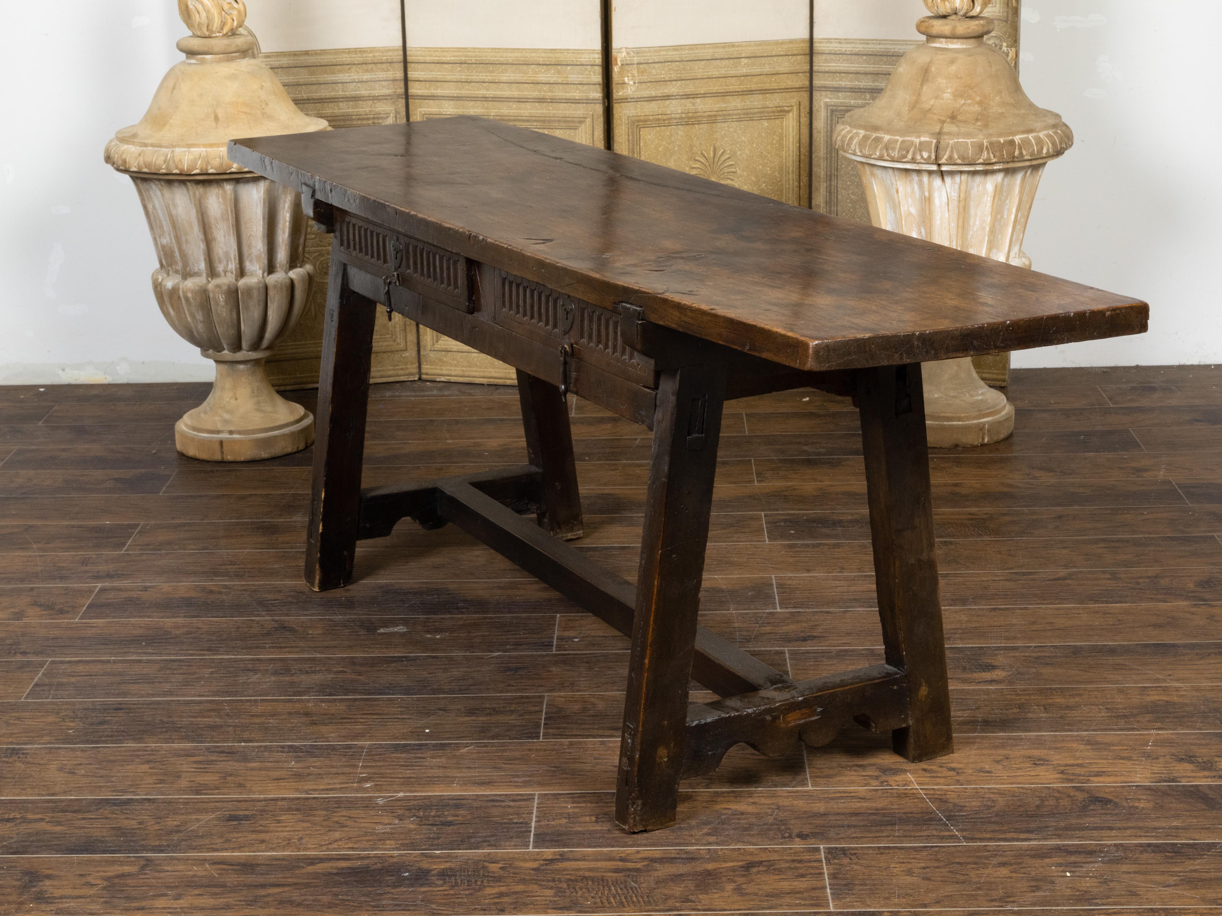 Spanish 1800s Refectoire Table with Two Carved Drawers and A-Frame Trestle Base In Good Condition In Atlanta, GA