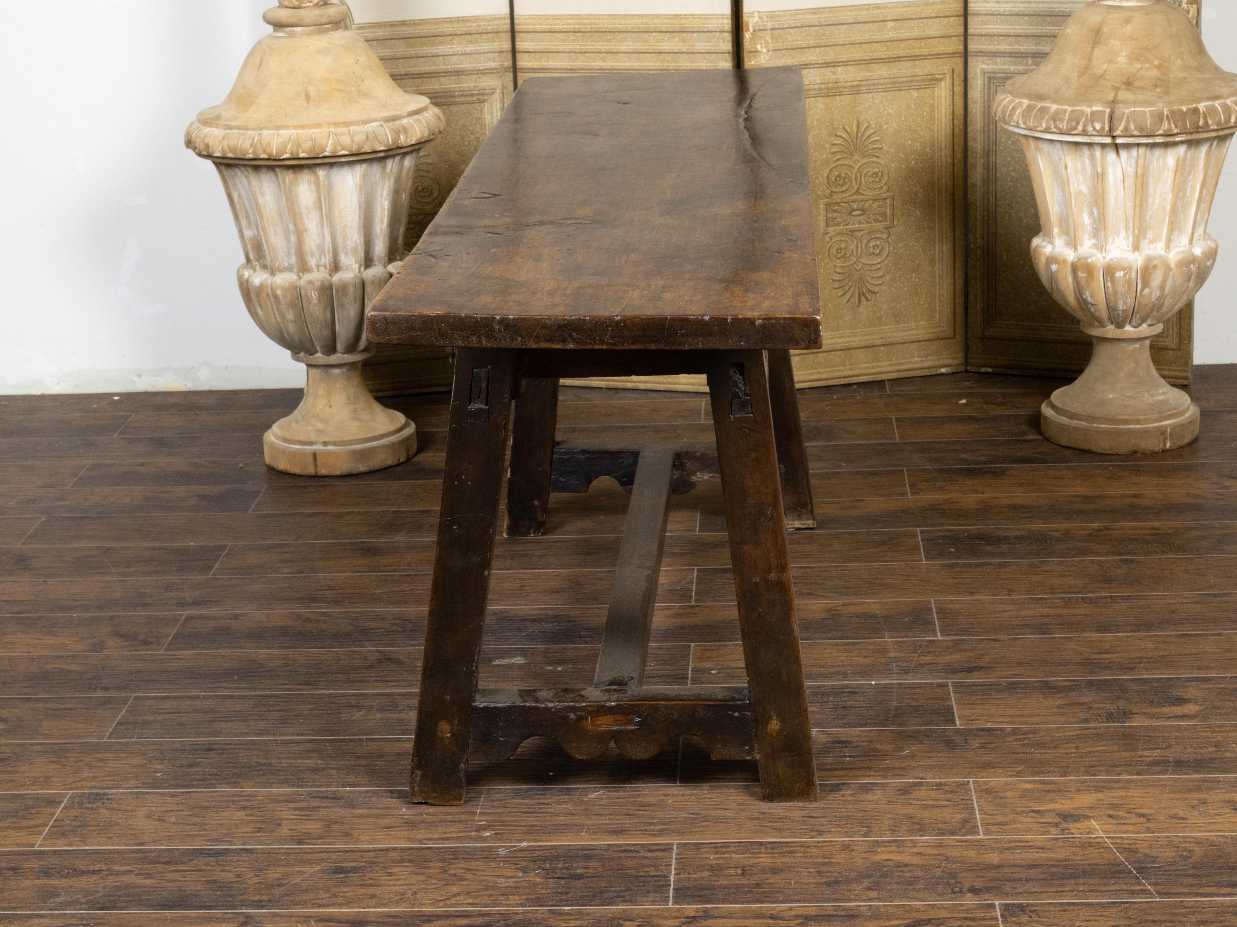 19th Century Spanish 1800s Refectoire Table with Two Carved Drawers and A-Frame Trestle Base