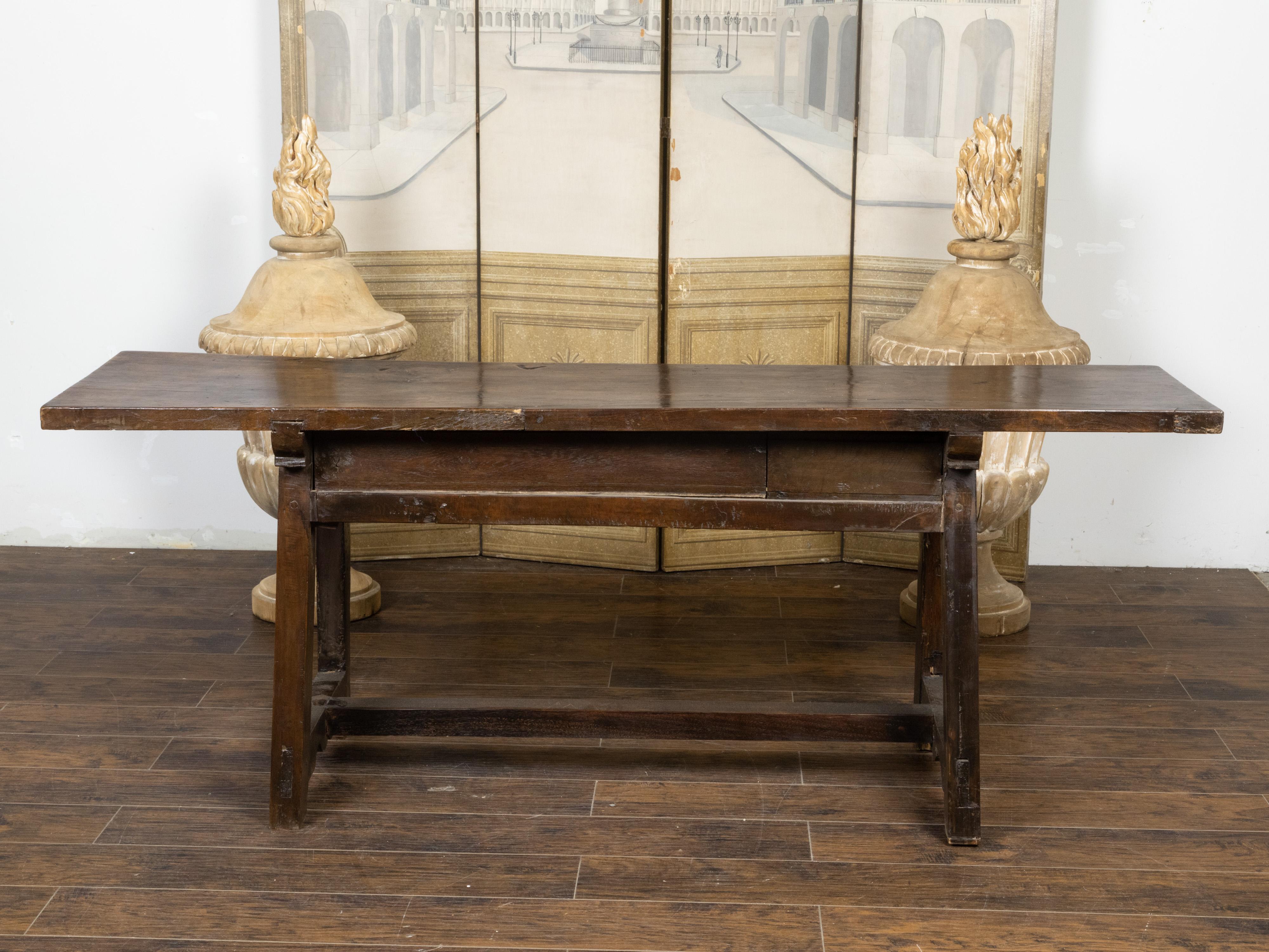 Wood Spanish 1800s Refectoire Table with Two Carved Drawers and A-Frame Trestle Base