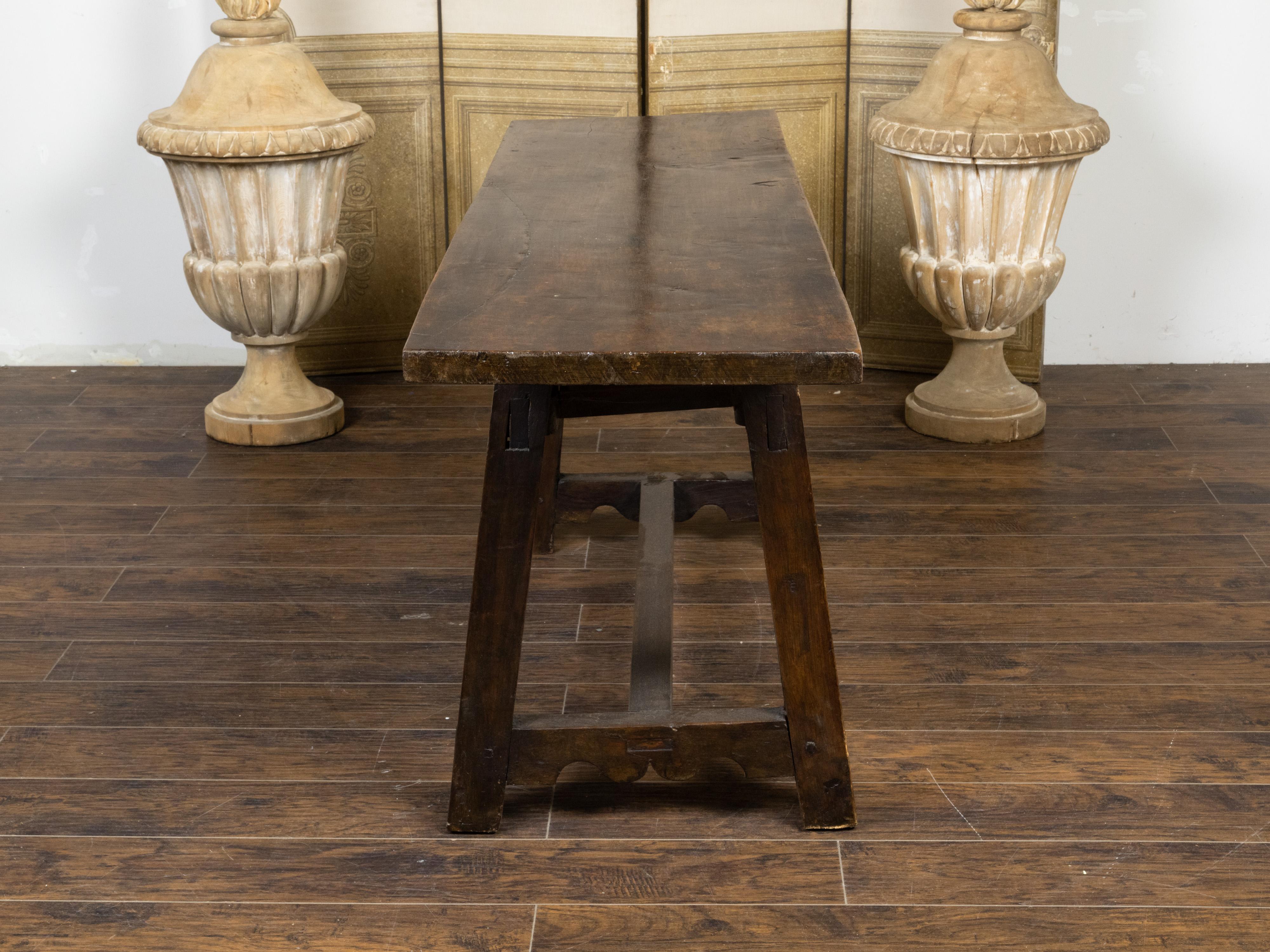 Spanish 1800s Refectoire Table with Two Carved Drawers and A-Frame Trestle Base 1