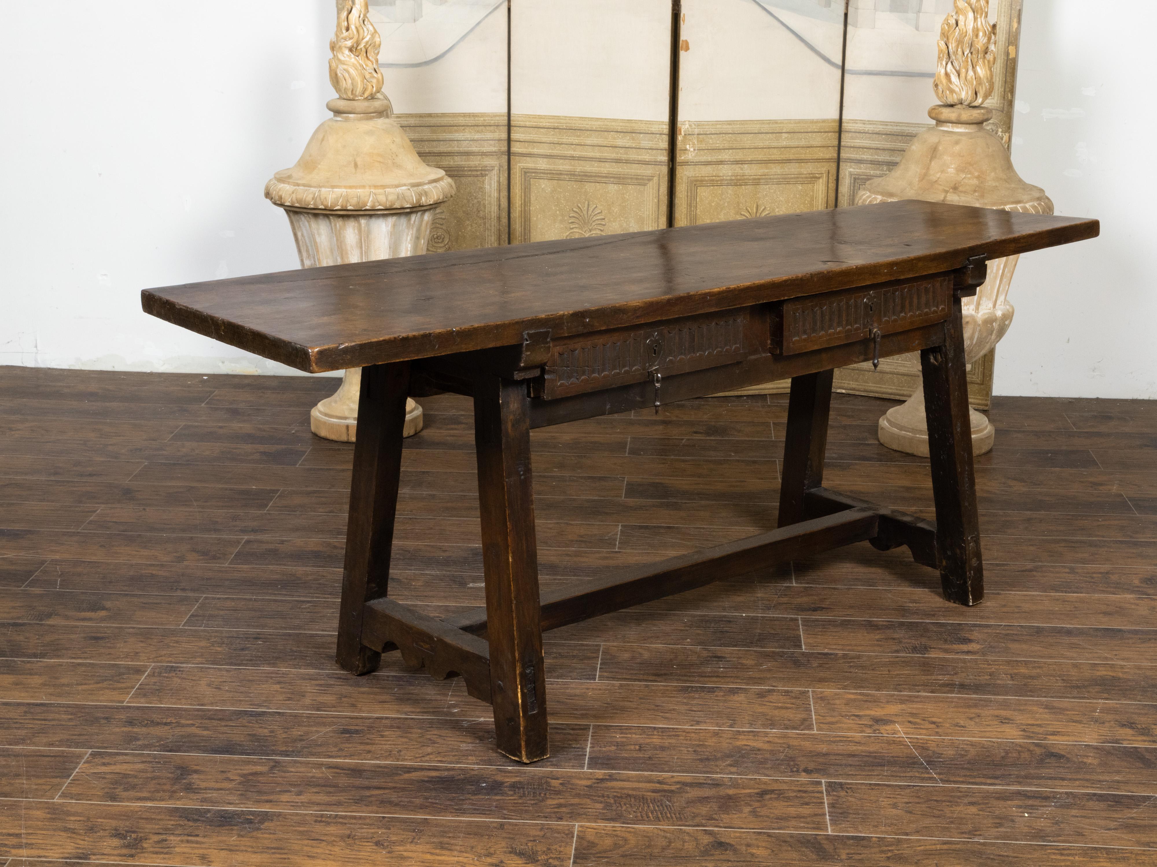 Spanish 1800s Refectoire Table with Two Carved Drawers and A-Frame Trestle Base 2