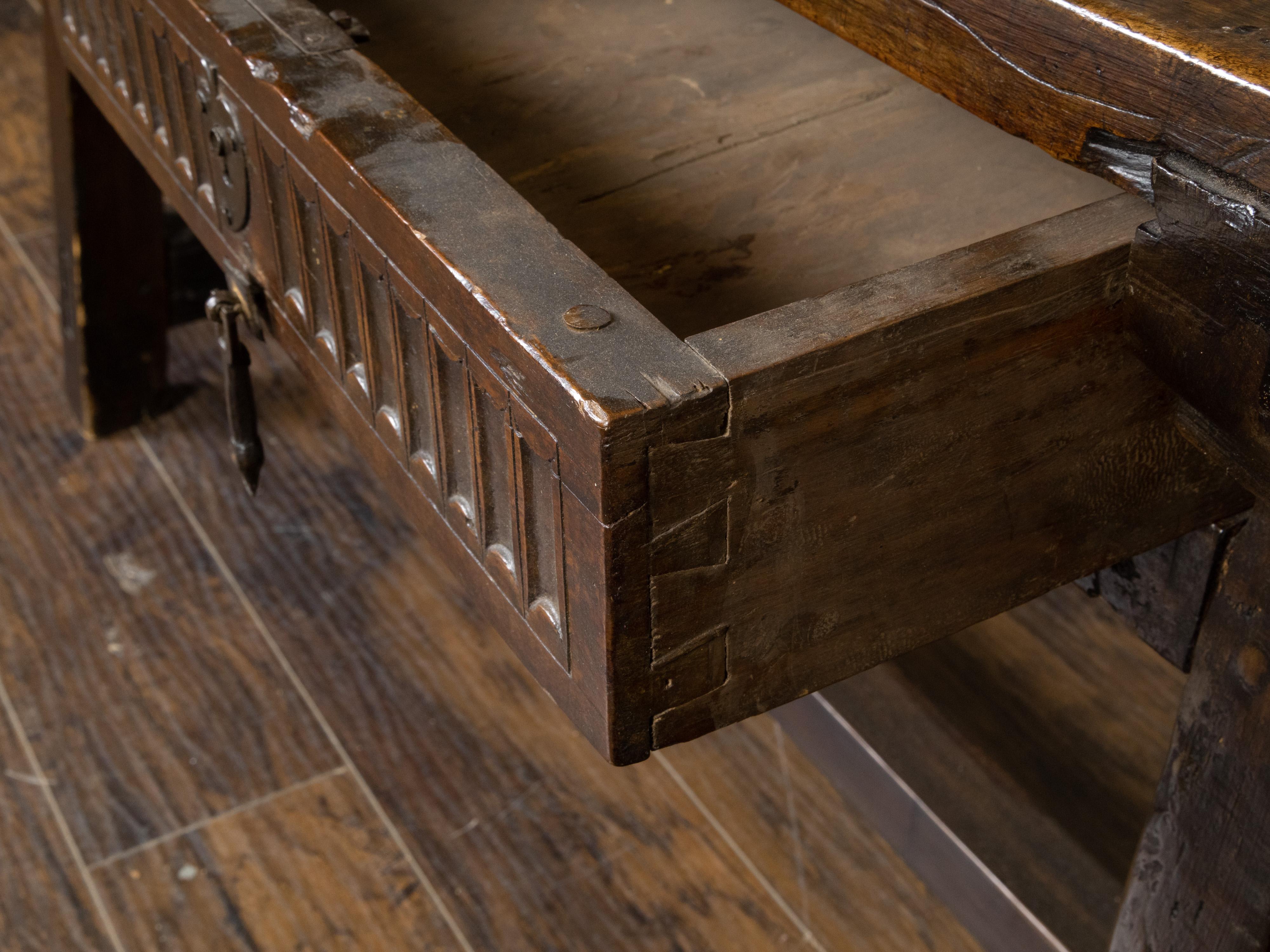Spanish 1800s Refectoire Table with Two Carved Drawers and A-Frame Trestle Base 3