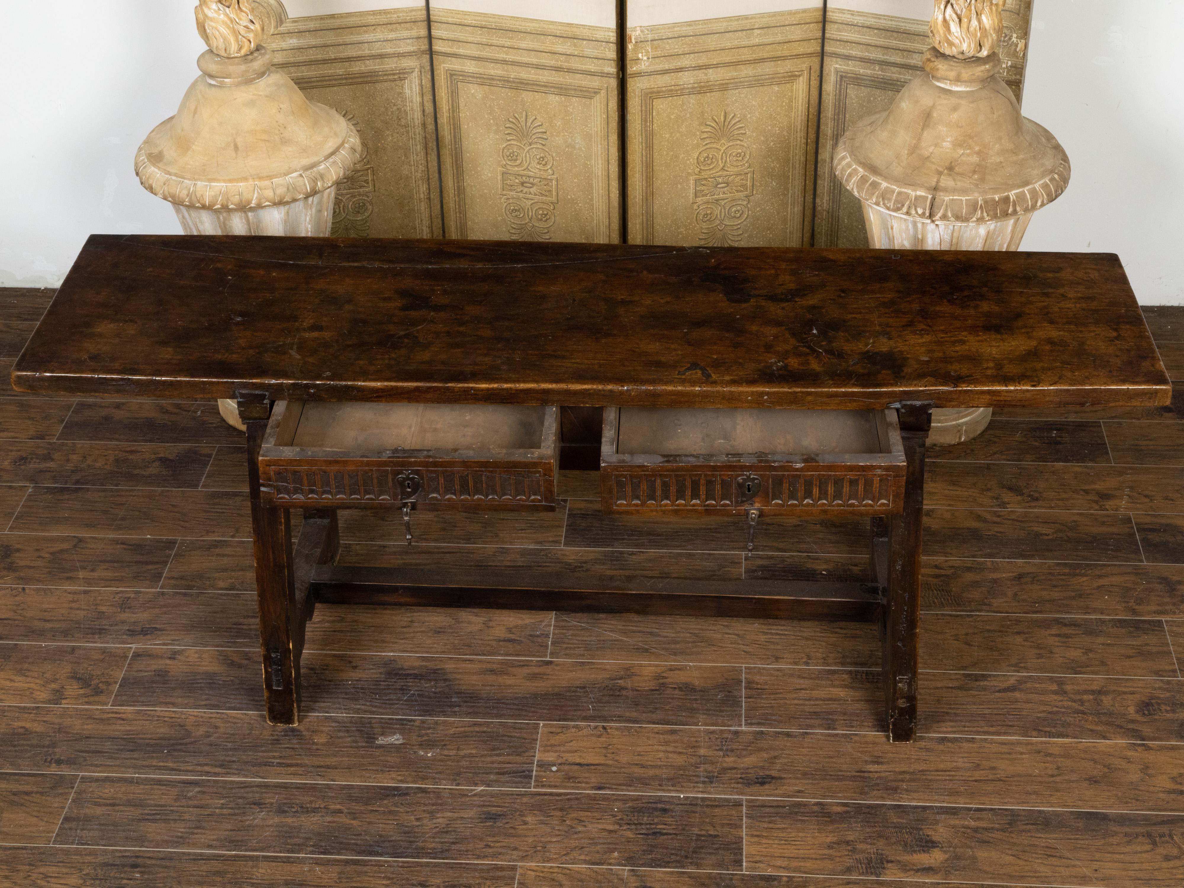 Spanish 1800s Refectoire Table with Two Carved Drawers and A-Frame Trestle Base 4