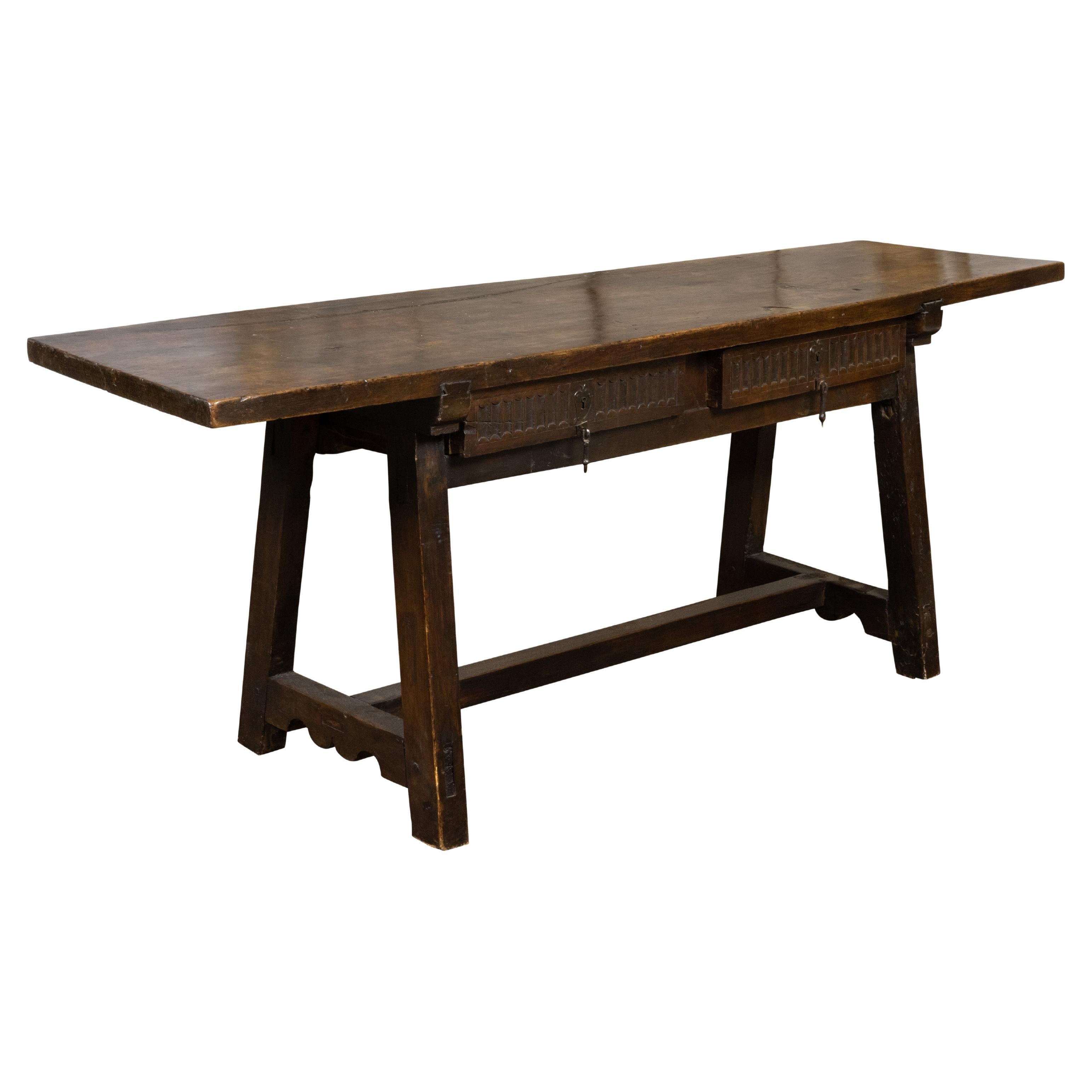 Spanish 1800s Refectoire Table with Two Carved Drawers and A-Frame Trestle Base