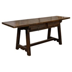 Spanish 1800s Refectoire Table with Two Carved Drawers and A-Frame Trestle Base