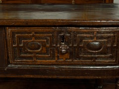 Spanish 1800s Wooden Console Table with Two Drawers and Carved Geometric Motifs