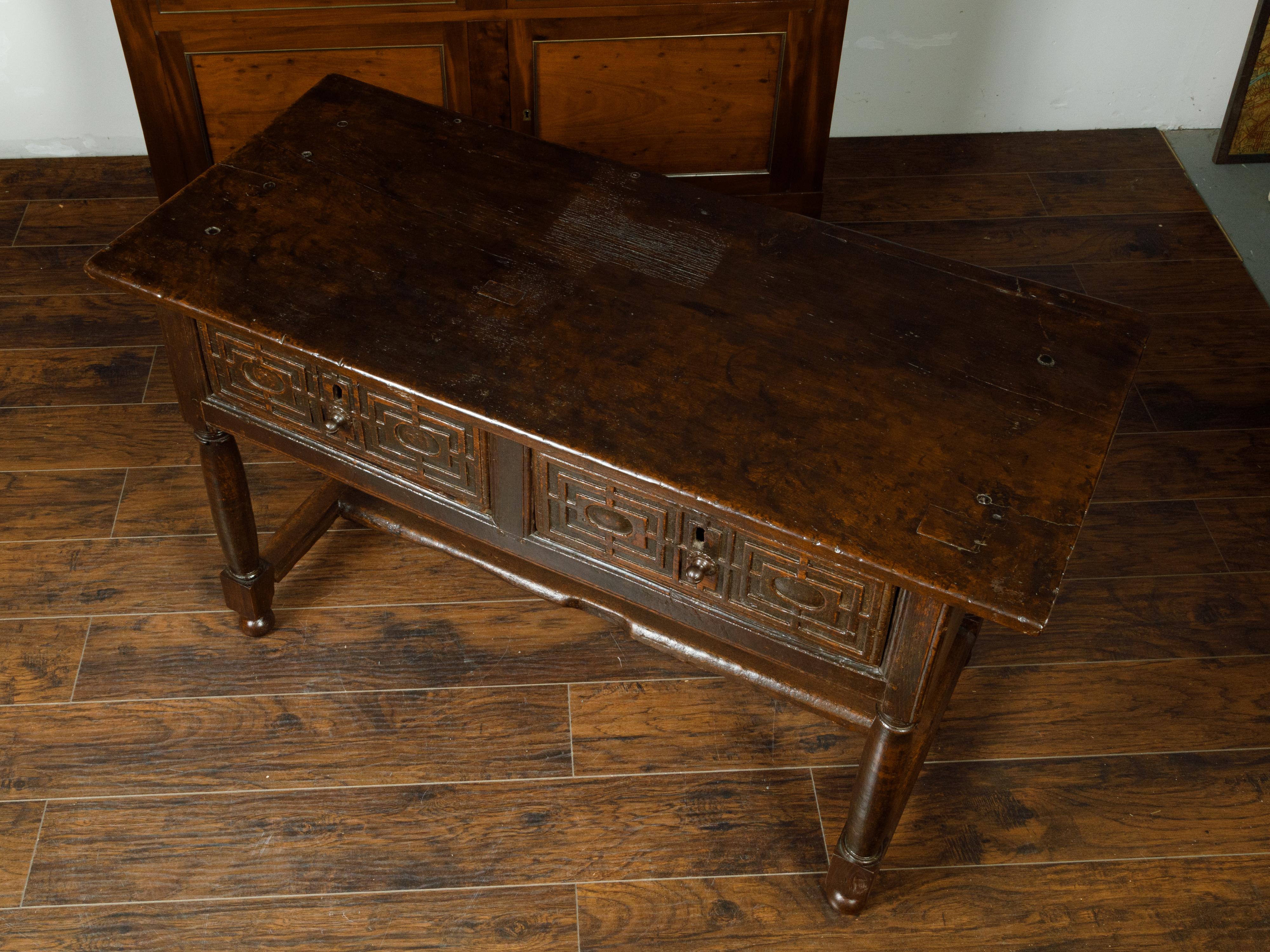 Spanish 1800s Wooden Console Table with Two Drawers and Carved Geometric Motifs In Good Condition In Atlanta, GA