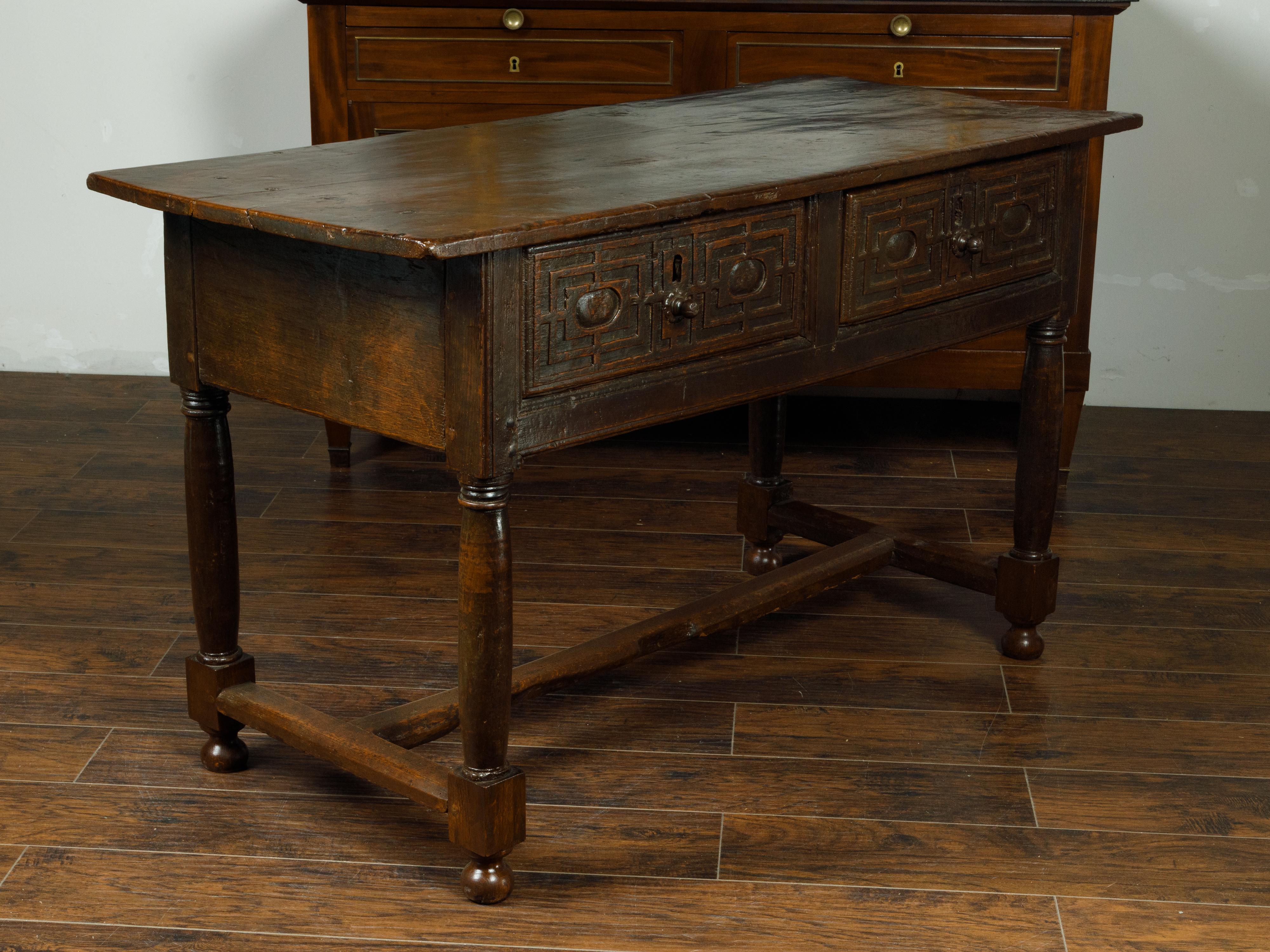 Spanish 1800s Wooden Console Table with Two Drawers and Carved Geometric Motifs 3